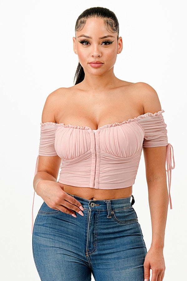 Power Mesh Pink Off Shoulder Corset Top- T577