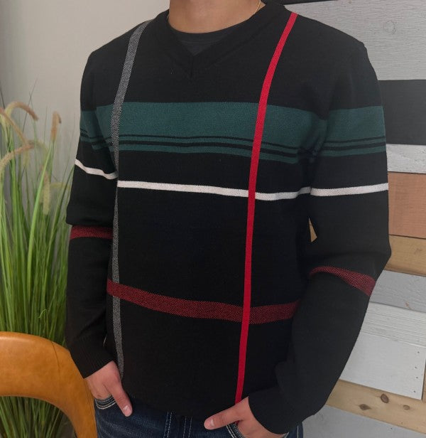 Albany Men's Black V-Neck Striped Crewneck 1227B