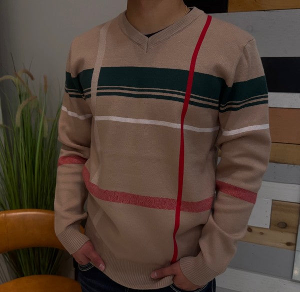 Albany Men's Khaki V-Neck Striped Crewneck 1227